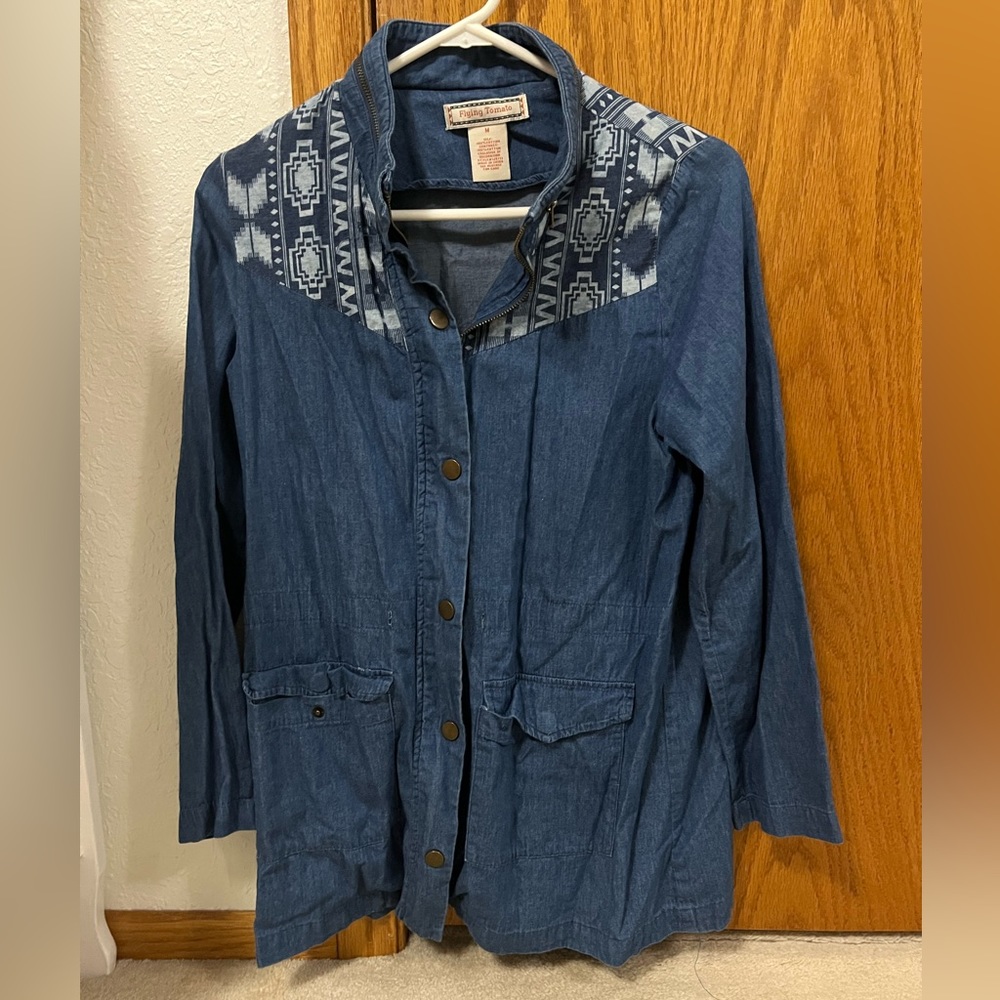 Lightweight Jean Jacket with Aztec Pattern
